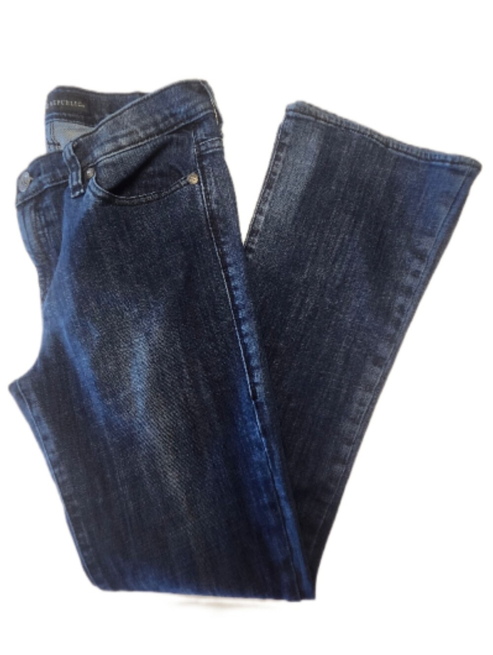 Rock & Republic Dark Blue Wash Mid Rise Bootcut Jeans, Flap Pockets, 10